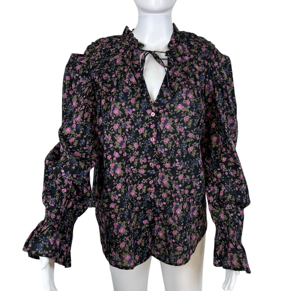 Free People Meant To Be Puff Sleeve Black Purple Floral Blouse (Sz S)